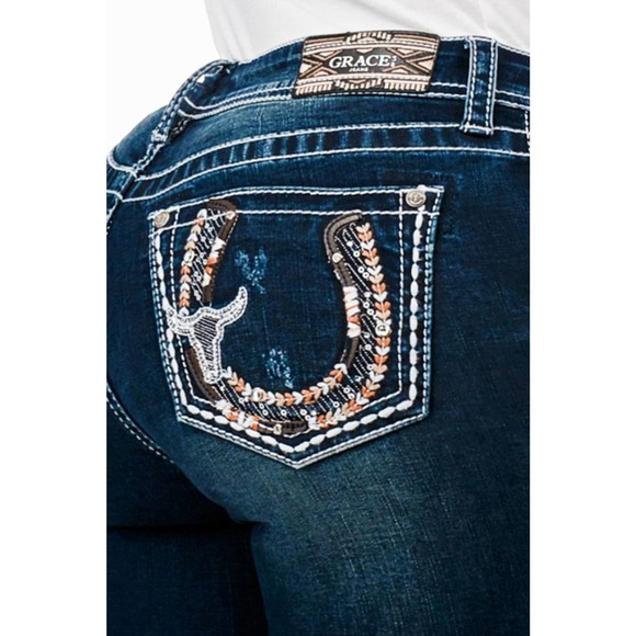 Grace in LA Denim - Grace in LA Women's Western Horseshoe Steehead Embroidered Stretch Bootcut Jeans
